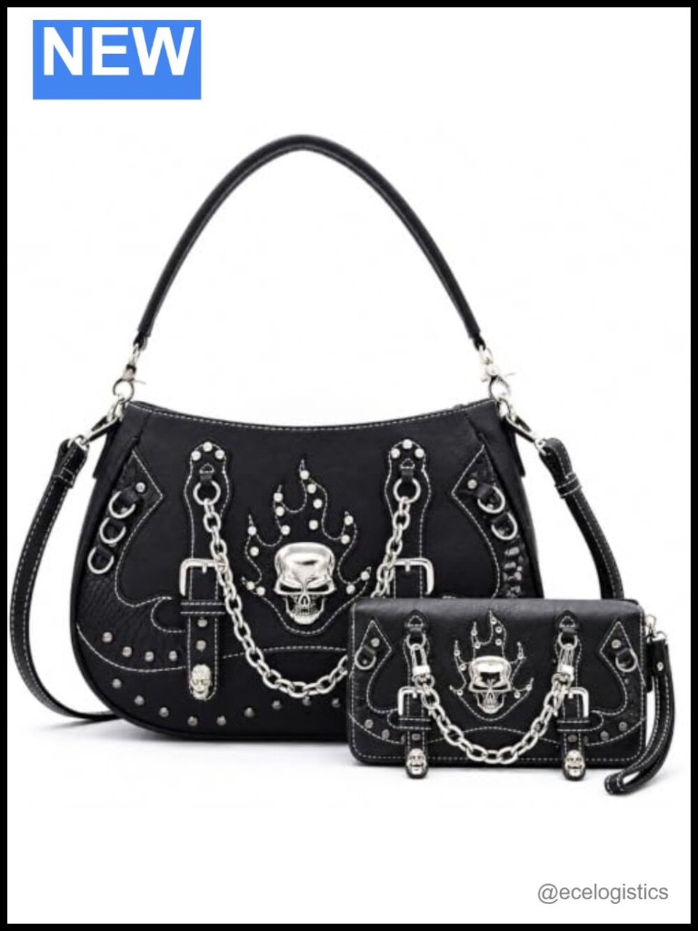 Gothic Skull Purse & Wallet Set Faux Leather Convertible Crossbody Satchel